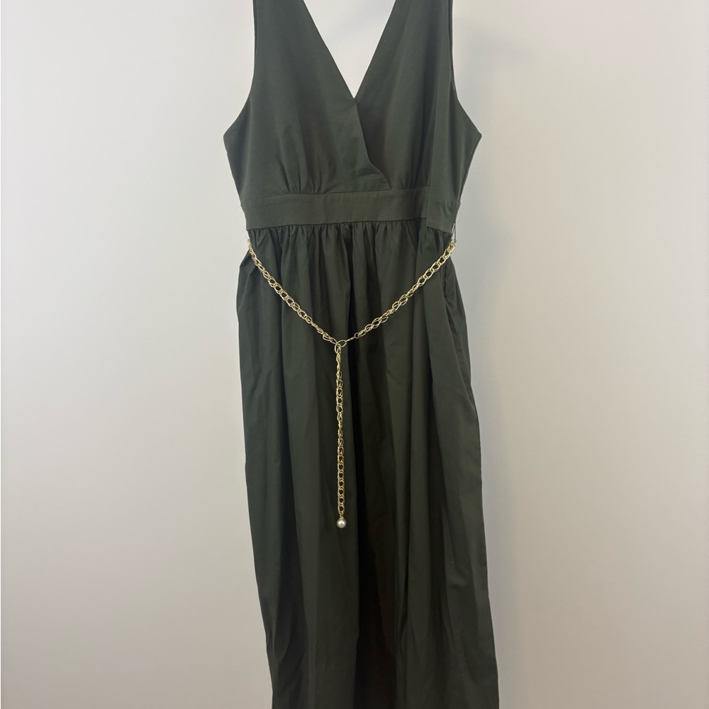Elegant Made in Italy Olive Green Sleeveless Midi Dress with Chain Belt - Size S